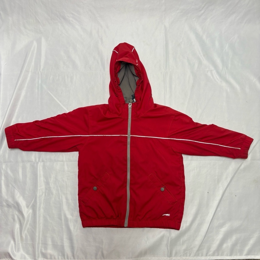 MEC Boys 4 Red Aquanator Fleece Lined Windbreaker Rain Jacket Hooded Full Zip